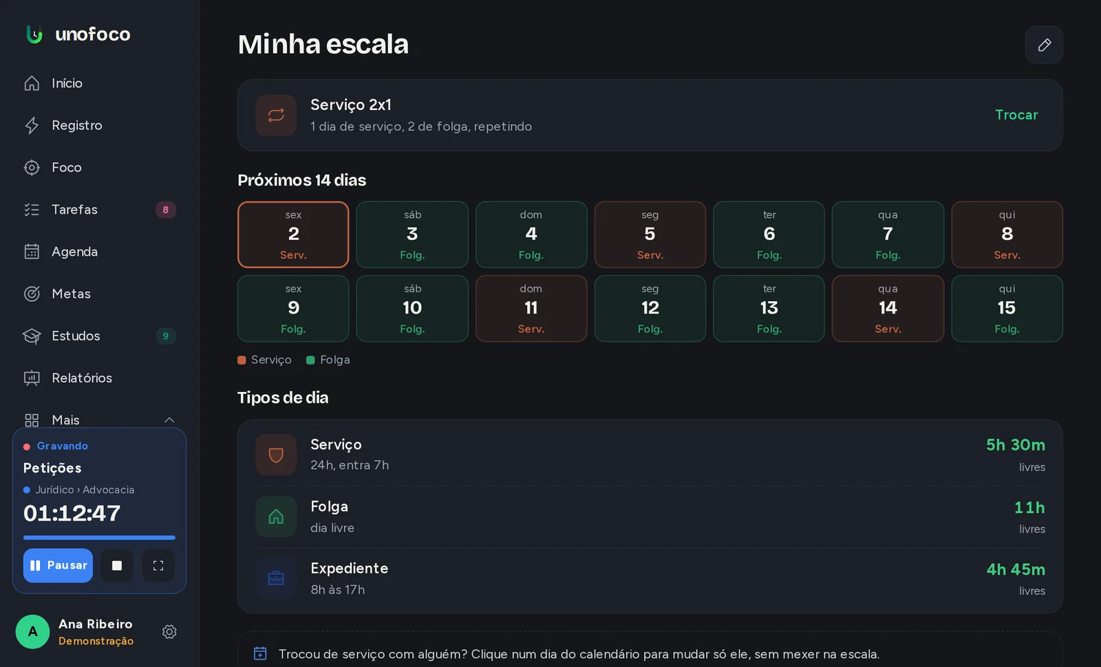 Tela Minha escala do Unofoco com os próximos 14 dias de serviço e folga