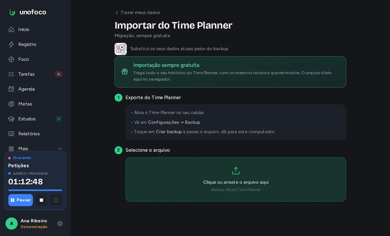 Tela Importar do Time Planner no Unofoco, com as instruções e o campo para escolher o arquivo de backup